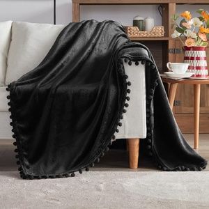Fleece Throw Blanket with Pompom Fringe Twin Size, Black Flannel Blankets 60x80